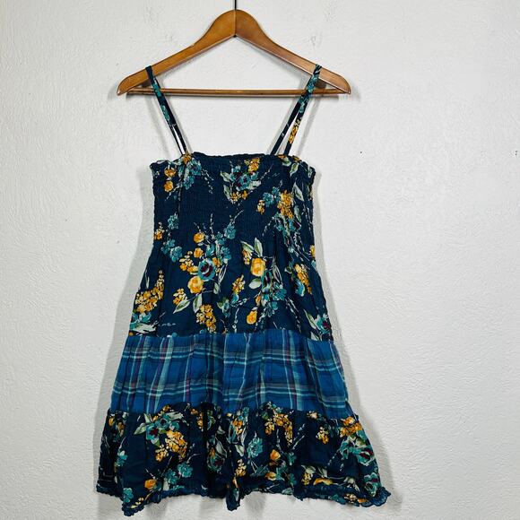 Mossimo Y2K Smocked Summer Dress Plaid Floral Mix Blue - M - Picture 2 of 4